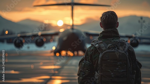 A back view of a soldier with a backpack watching a large airplane against a sunset backdrop photo