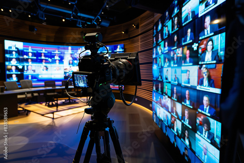 A broadcast studio with 3 seperate LED wall displaying a video conference call with fifty professionals and the main speaker before the LED wall with a camera on a tripod directed photo