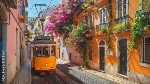 Lisbon, Portugal - Yellow tram on a street with colorful houses and flowers on the balconies - Bica Elevator going down the hill of Chiado 
