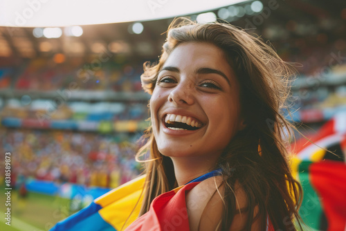 A jubilant football fan woman captured in the midst of cheering at the stadium, her face adorned with a bright smile and her eyes sparkling with excitement and passion for the game