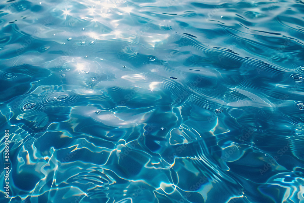 A transparent blue water surface texture shimmers with ripples, splashes, and bubbles, capturing the essence of summer A transparent blue water surface texture shimmers with ripples, splashes, and bubbles, capturing the essence of summer