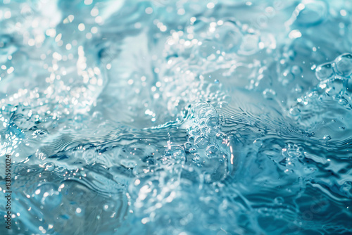 A transparent blue water surface texture shimmers with ripples  splashes  and bubbles  capturing the essence of summer