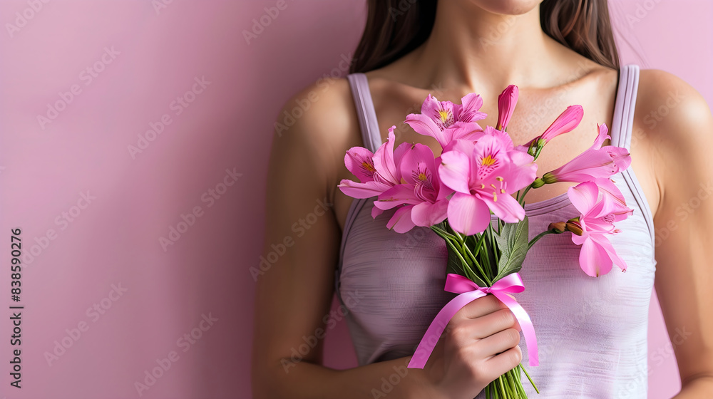 Woman holding a bouquet of pink flowers on breast cancer awareness day with a pink background Woman holding a bouquet of pink flowers on breast cancer awareness day with a pink background