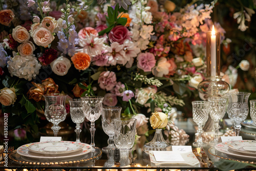 An exquisite table setting at a luxury wedding, featuring elegant tableware, sparkling crystal glasses, and intricate place cards