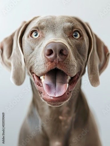 Full-body shot  a hyper-realistic photograph of a smiling Weimaraner with an exaggerated expression