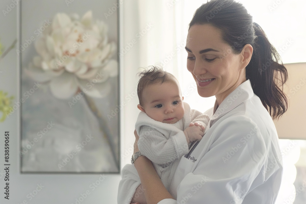 In a serene light-filled room, a female pediatrician cradles a tiny baby in her arms. Their surroundings exude a sense of calm, with soft hues enhancing the tender moment between caregiver and child In a serene light-filled room, a female pediatrician cradles a tiny baby in her arms. Their surroundings exude a sense of calm, with soft hues enhancing the tender moment between caregiver and child