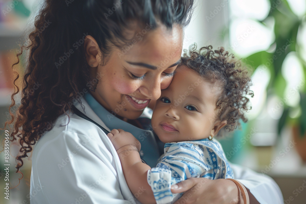 In a serene light-filled room, a female pediatrician cradles a tiny baby in her arms. Their surroundings exude a sense of calm, with soft hues enhancing the tender moment between caregiver and child
