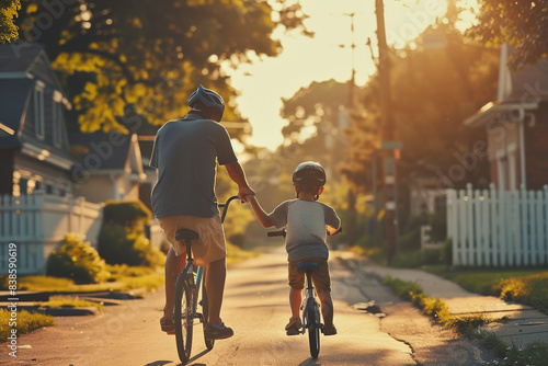 In a quintessential American neighborhood scene, a father guides his young son in a timeless rite of passage: learning to ride a bicycle