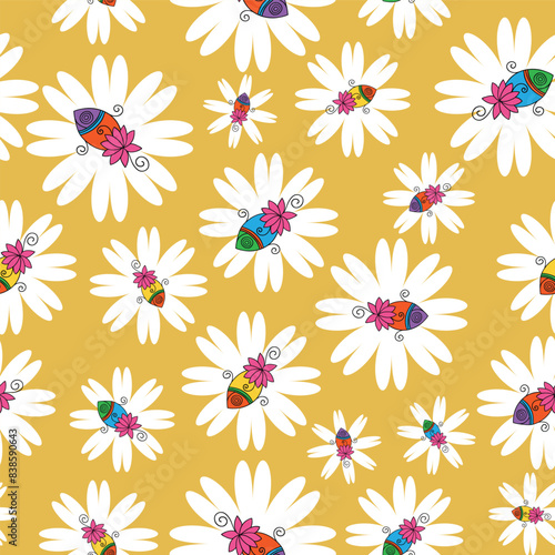 seamless repeat pattern with cute and beautiful colorful fish motifs with lotus tails in white flowers on a yellow background perfect for fabric, scrap booking, wallpaper, gift wrap projects