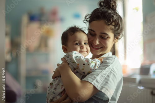 In a serene light-filled room, a female pediatrician cradles a tiny baby in her arms. Their surroundings exude a sense of calm, with soft hues enhancing the tender moment between caregiver and child