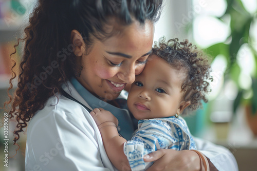 Obraz na płótnie In a serene light-filled room, a female pediatrician cradles a tiny baby in her arms. Their surroundings exude a sense of calm, with soft hues enhancing the tender moment between caregiver and child w salonie
