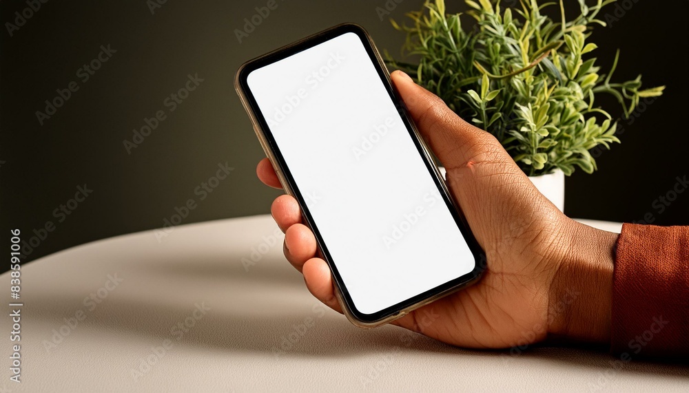 a hand holding a mobile phone displays a blank screen on a table, with a minimalist background style a hand holding a mobile phone displays a blank screen on a table, with a minimalist background style
