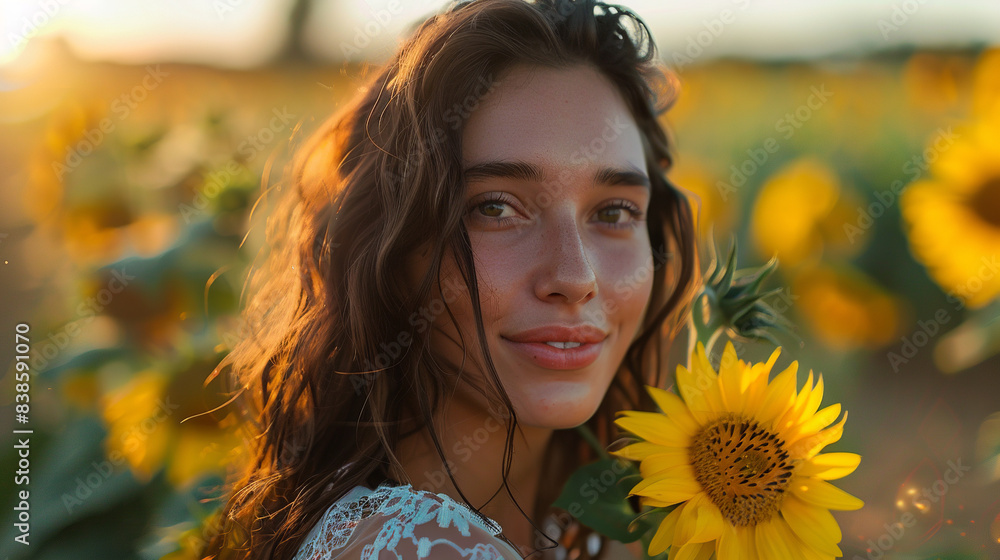 Close up shot, A chilean brunette woman walking near to a sunflowers park, happy Close up shot, A chilean brunette woman walking near to a sunflowers park, happy
