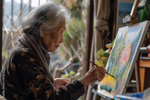 With serene concentration  a senior woman immerses herself in the art of painting