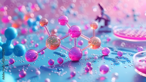 A detailed 2D flat color illustration of molecular models with colorful atoms and bonds, integrated with biotechnological elements like petri dishes and microscopes on an abstract background. Flat photo