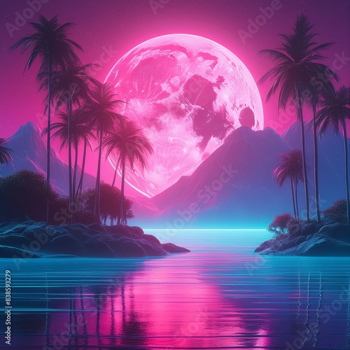 A neonlit tropical paradise with a giant pink moon illuminating the silhouette of palm trees and tranquil waters, set in a dreamlike vaporwave aesthetic