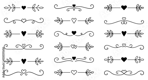 Text dividers with hearts doodle set. Wedding decorative elements. Divider ornament, borders, lines. Hand drawn vector illustration isolated on white background