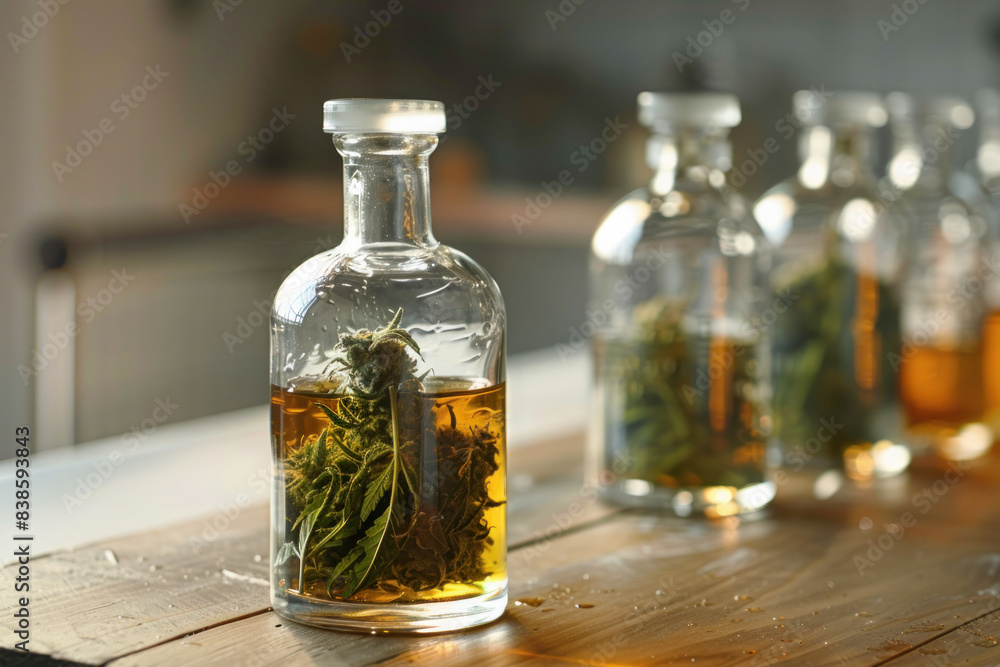 Glass Bottles with Herbs Infused in Liquid on Wooden Surface Glass Bottles with Herbs Infused in Liquid on Wooden Surface