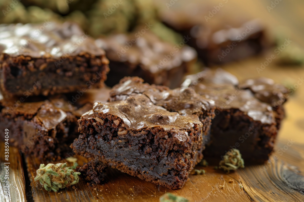 Close-Up of Pot Brownies with Cannabis on Wooden Surface Close-Up of Pot Brownies with Cannabis on Wooden Surface