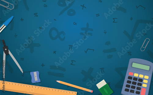 School Layout - Various School Supplies on Blue Background with Mathematical Symbols - Calculator, Ruler, Pencil, Eraser, Sharpener, Pen and Compass. Rectangle Shape.