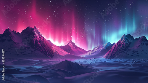paysage enneigé avec des montagnes et aurores boréales	