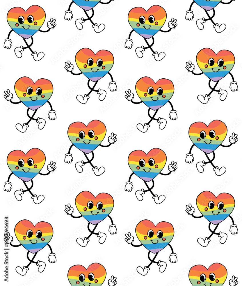 Obraz premium Vector seamless pattern of groovy lgbtq flag heart isolated on white background