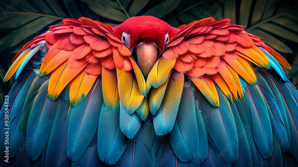 Fototapeta premium 2D flat color design of a parrot's feather pattern, with its bright, multi-colored plumage arranged in a harmonious and abstract composition. Flat color illustration, shiny, Minimal and Simple,