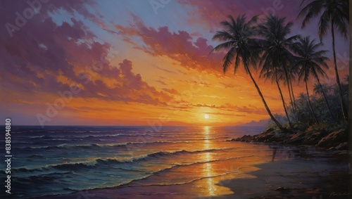 Sunset on the beach with palm trees