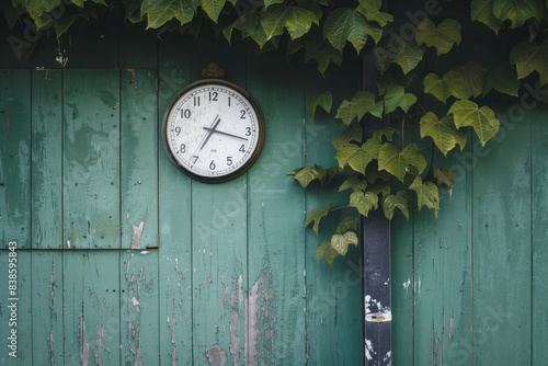  Wall clock on weathered green fence with climbing ivy