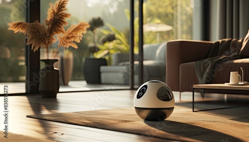 Mini robot powered by AI with voice command feature. Embodies futuristic tech innovation and interactive convenience! 🤖🎙️ photo