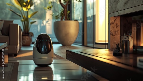Mini robot powered by AI, responds to voice commands. Embodies futuristic tech convenience and interaction! 🤖🎙️ photo