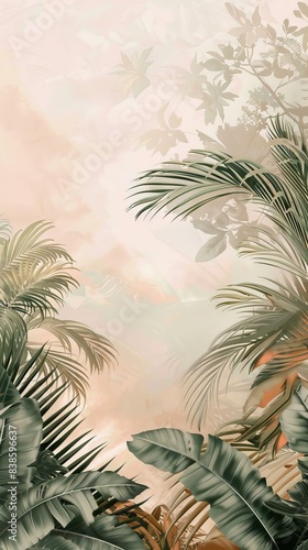 Tropical vintage botanical landscape illustration, palm tree, vegetable flower border background. Mural wallpaper. AI generated illustration