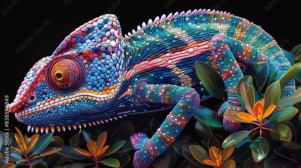 Obraz premium 2D flat color depiction of a chameleon's skin, highlighting its vibrant, shifting hues and textured, scaly surface for a dynamic, eye-catching design. Flat color illustration, shiny, Minimal and