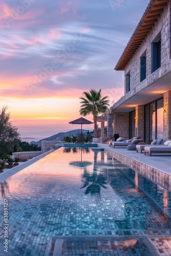 An extra large pool in a Greek architecture luxury stone villa with surrounded by palm trees and modern outdoor seating © piai