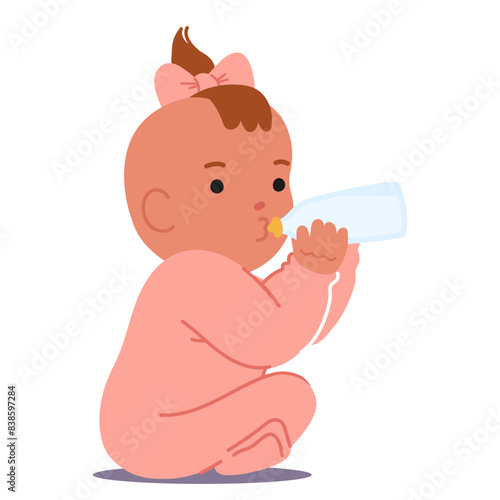 Baby Girl Sitting And Drinking Milk From A Large Bottle. Infant Character Shows A Moment Of Infancy And Nurture