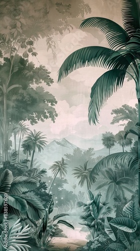 Tropical vintage botanical landscape illustration  palm tree  vegetable flower border background. Mural wallpaper. AI generated illustration