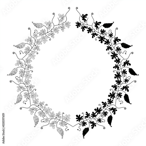  line art illustration and stamp silhouette of bitter melon vine plant as a round frame pattern