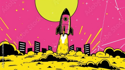 A cartoon rocket ship blasting off from the moon with a large pink moon in the background. photo