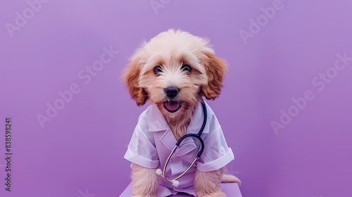 A cute puppy in a doctor's coat and stethoscope. photo