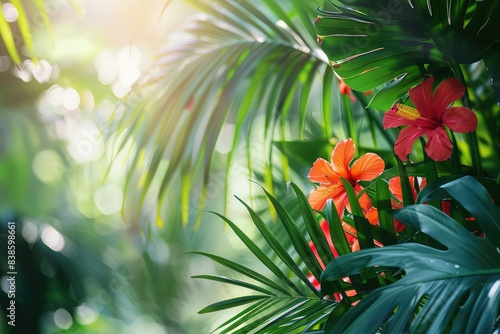 Closeup nature view of green palm leaves and red flower in jungle with sun flare. photo