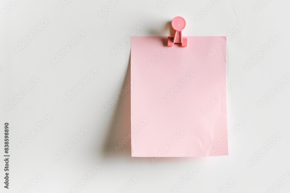 Pink sticky note paper with a paper clip on a white background. Pink sticky note paper with a paper clip on a white background.
