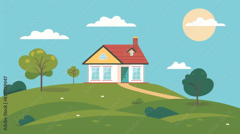 Fototapeta premium simple minimalistic colorful vector design, private house on hill, gable roof 