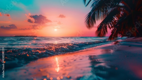 Fototapeta Naklejka Na Ścianę i Meble -  Tropical Beach Sunset with Palm Trees, Vibrant tropical beach sunset with waves gently hitting the shore, framed by silhouetted palm trees and colorful skies.