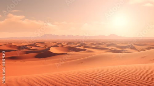 Desert panorama with sand dunes at sunset. 3d rendering