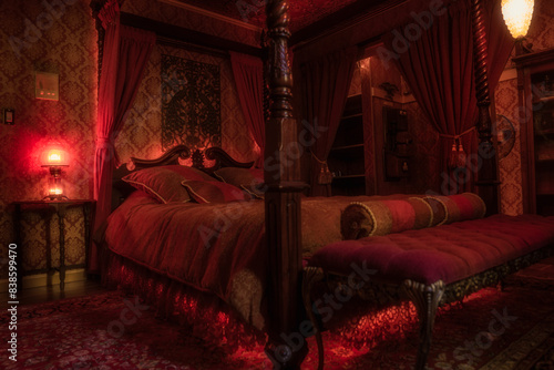 Foto This image shows the interior design of a red victorian, bordello themed bedroom, facing the window covered with dramatic curtains
