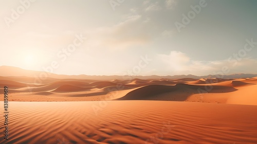 Desert sand dunes panorama at sunset. 3d render