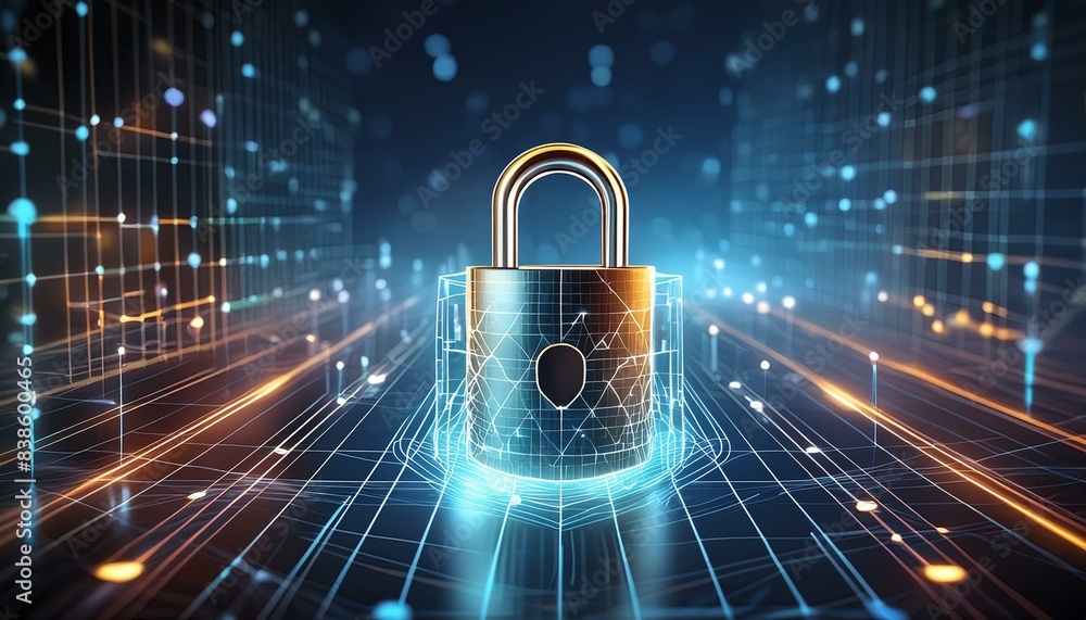 Abstract digital security concept with a glowing padlock and data lines on a dark background Abstract digital security concept with a glowing padlock and data lines on a dark background