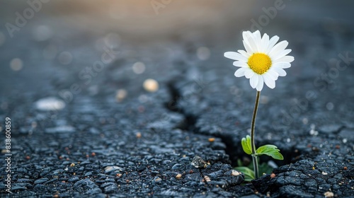 Abeautiful resilient daisy flower growing from the crack in the asphalt photo