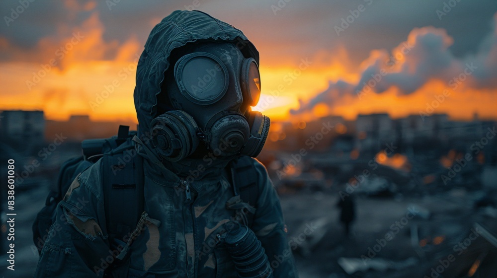 apocalyptic scenery with gas mask and protective suit, dystopian landscape and people wandering around apocalyptic scenery with gas mask and protective suit, dystopian landscape and people wandering around
