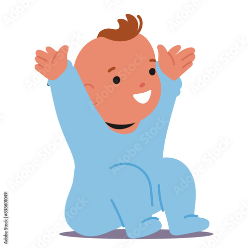 Smiling Baby Boy In Blue Onesie, Joyfully Raising Its Hands. Cartoon Infant With Cheerful Expression And Playful Posture